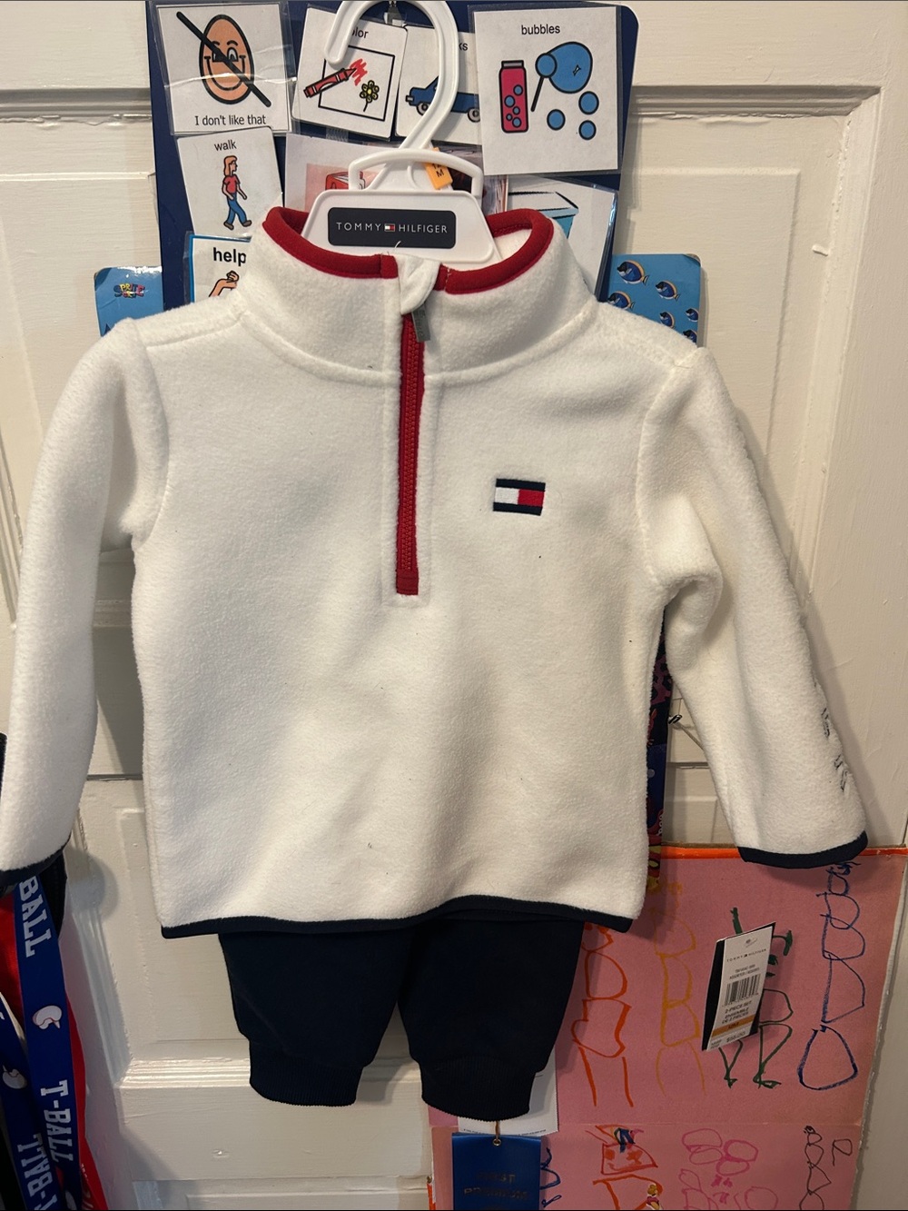 Tommy Hilfiger White Fleece Half-Zip Pullover with Red Trim